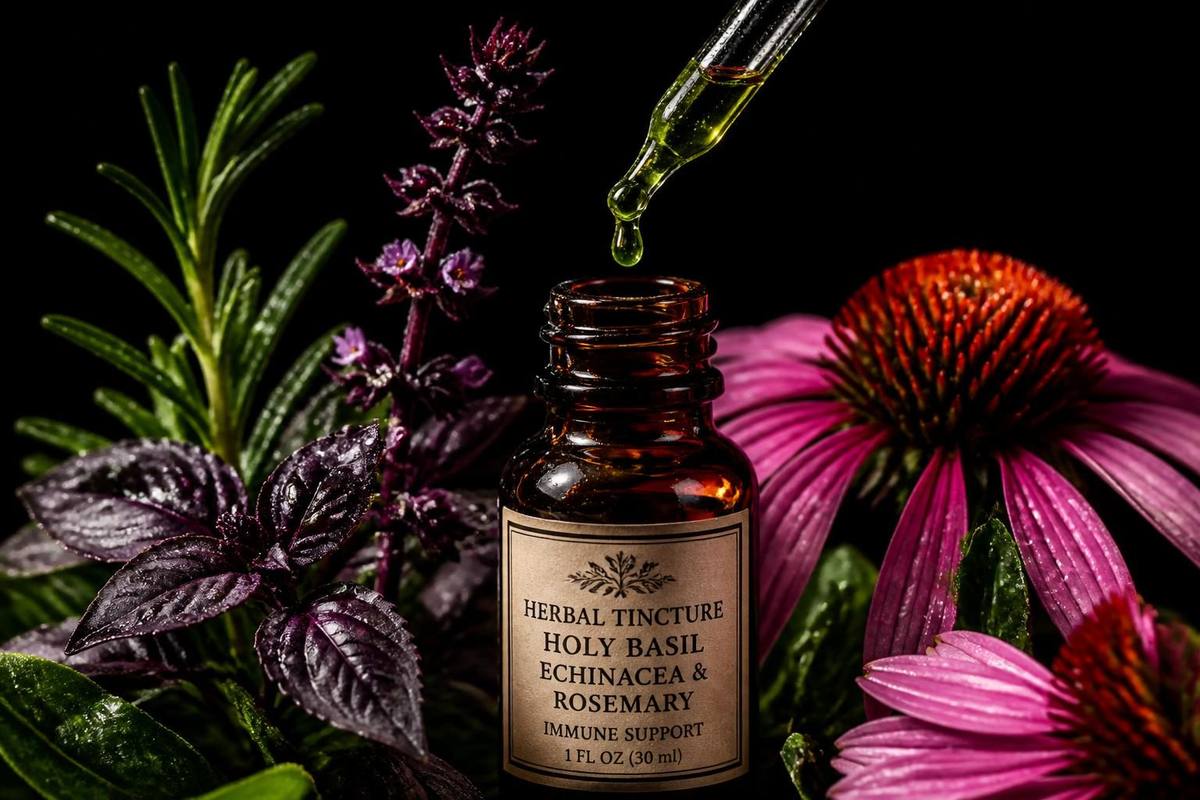 Macro studio sur fond noir absolu — flacon ambré de teinture mère, pipette laissant tomber une goutte verte, échinacée magenta, tulsi pourpre et romarin saturés sous flash directionnel.