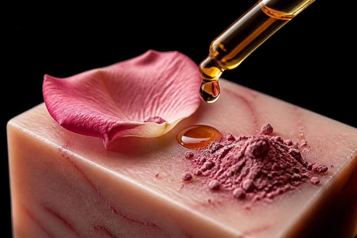 Macro studio sur fond noir absolu — savon rose pâle à l'argile, pétale de rose veloutée, pipette en verre laissant tomber une goutte d'huile végétale ambrée sur un petit tas d'argile rose.