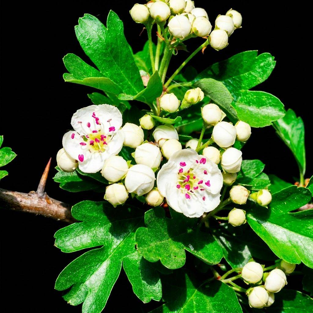 Macro flash d'aubépine — fleurs blanches rosées, feuilles vertes et épines acérées sur fond noir mat.