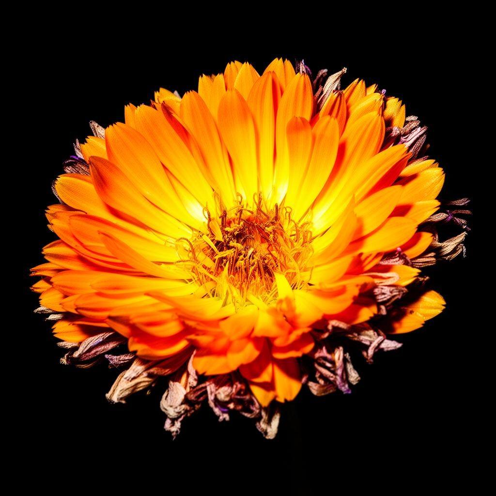 Macro flash de fleurs de calendula, orange et jaune électriques sur fond noir mat.