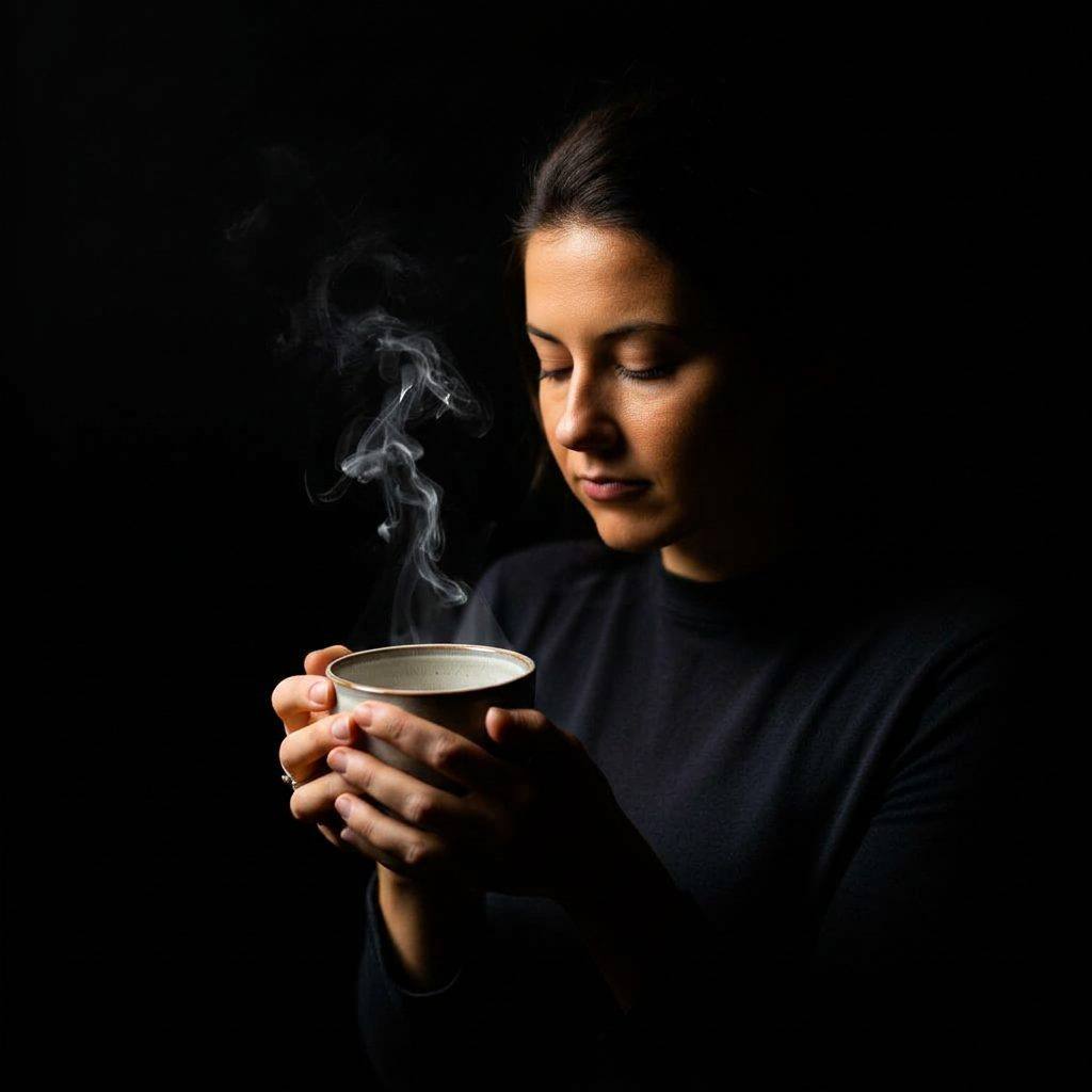 Portrait noir et blanc chiaroscuro — femme tenant une tasse fumante, vapeur captée par la lumière sur fond noir.