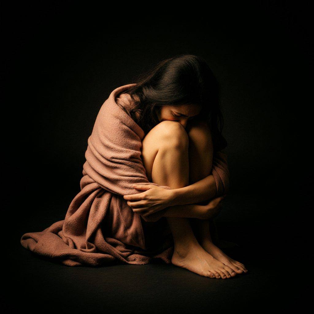Photographie noir et blanc chiaroscuro — femme recroquevillée sur elle-même, tête baissée contre ses bras, enveloppée dans un tissu doux, dans une lumière dramatique.