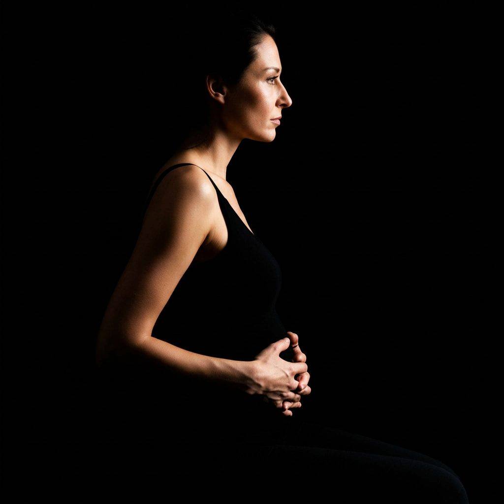 Portrait noir et blanc chiaroscuro — femme assise de profil, mains posées sur le bas-ventre, posture d'ancrage.