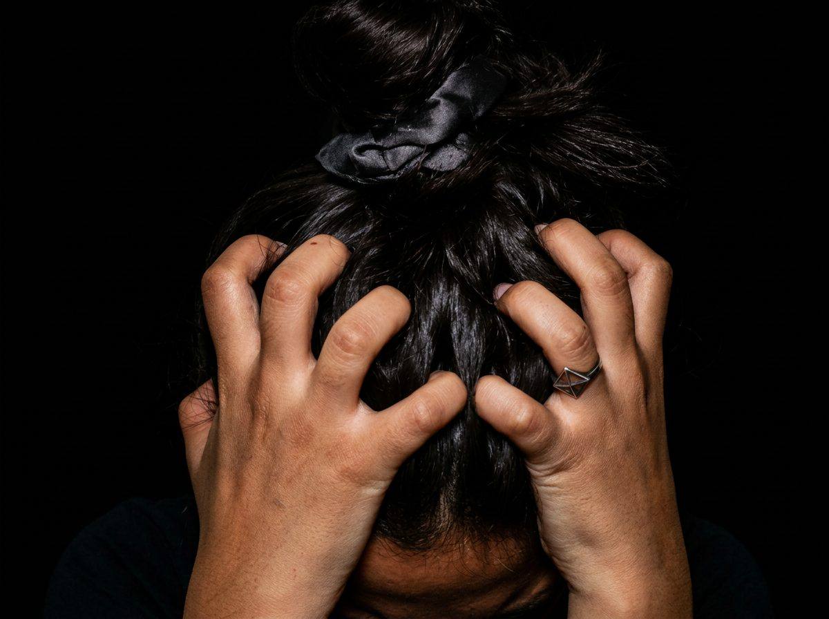 Portrait noir et blanc chiaroscuro — femme tête baissée, mains agrippées dans ses cheveux, émergeant de l'ombre.