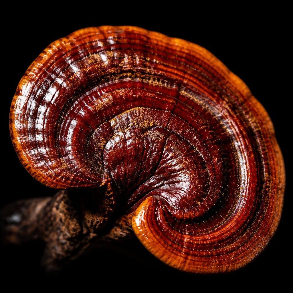 Macro botanique sur fond noir absolu — chapeau vernissé rouge-acajou de reishi, tranches séchées et flacon d'extrait, lumière directionnelle d'apothicaire.